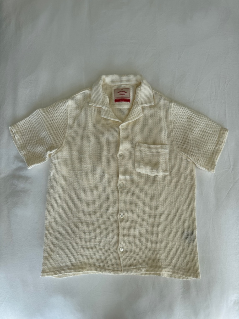 Casual Cream Knit Short-Sleeve Button-Down Shirt